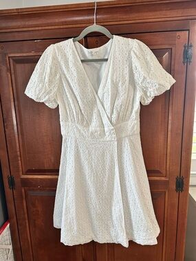 White Eyelet Wrap-Front Midi Dress with Puff Sleeves